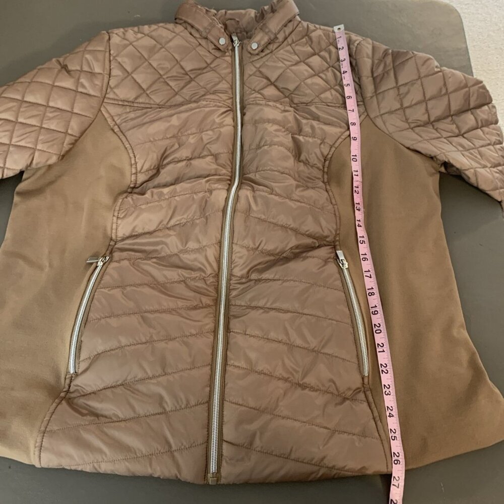 Susan Graver Womens XL Quilted Jacket Ponte Side Panels Zip Pockets Tan Puffer - Picture 11 of 14